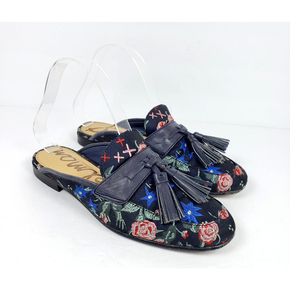 Sam Edelman Paris Jacquard Womens Size 6 Blue Floral Slip On Tassels Mule Shoes
